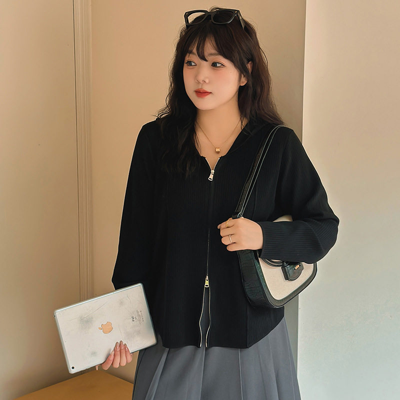 大码女装货源连帽双拉链外套上衣2025春款胖mm宽松针织开衫21921