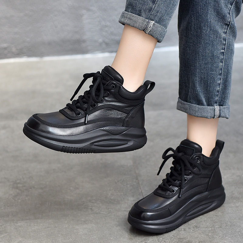 秋冬款真皮复古系带短靴设计感松糕厚底女士皮靴圆头系带靴子