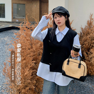 双天大码 上衣 胖妹妹显瘦设计感假两件套马甲衬衫 女Polo领长袖