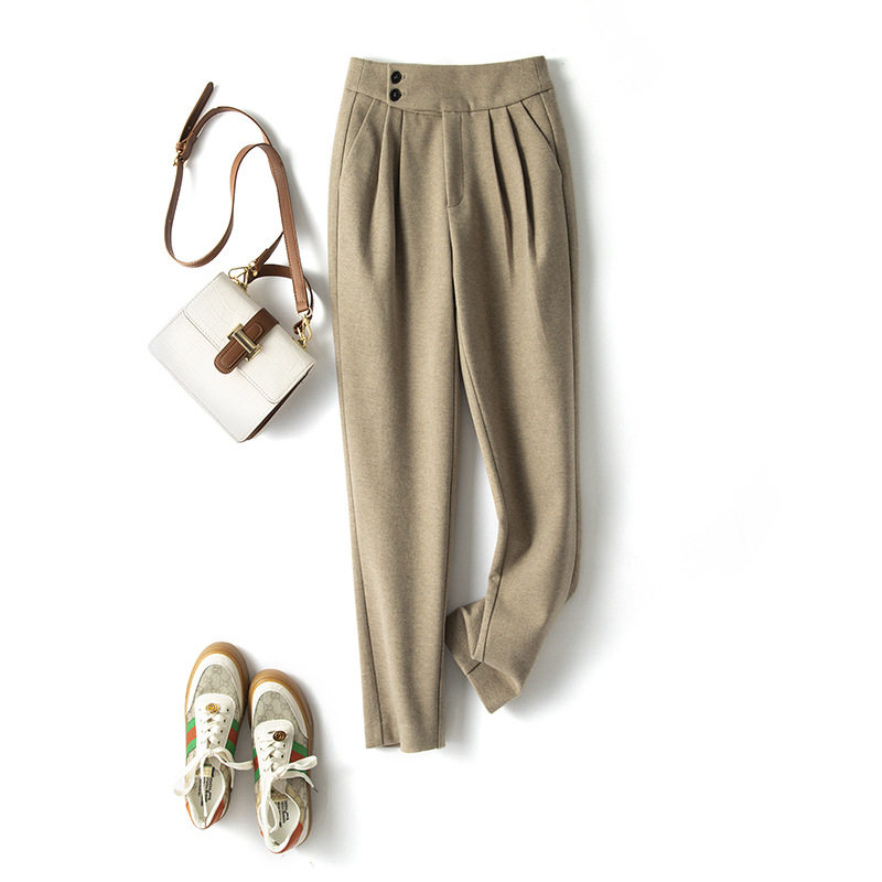 咖色毛呢设计裤女秋冬加厚感高腰宽松哈伦保暖九分小个子休闲西裤