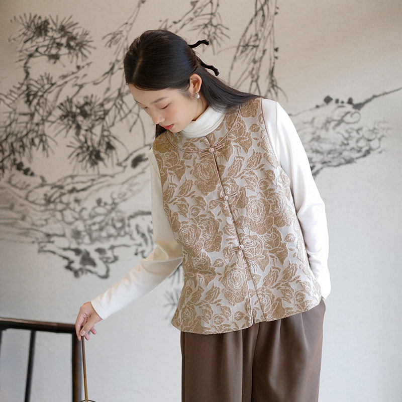 复古女2025冬季装新款中式棉马甲女感中国风提花外穿背心