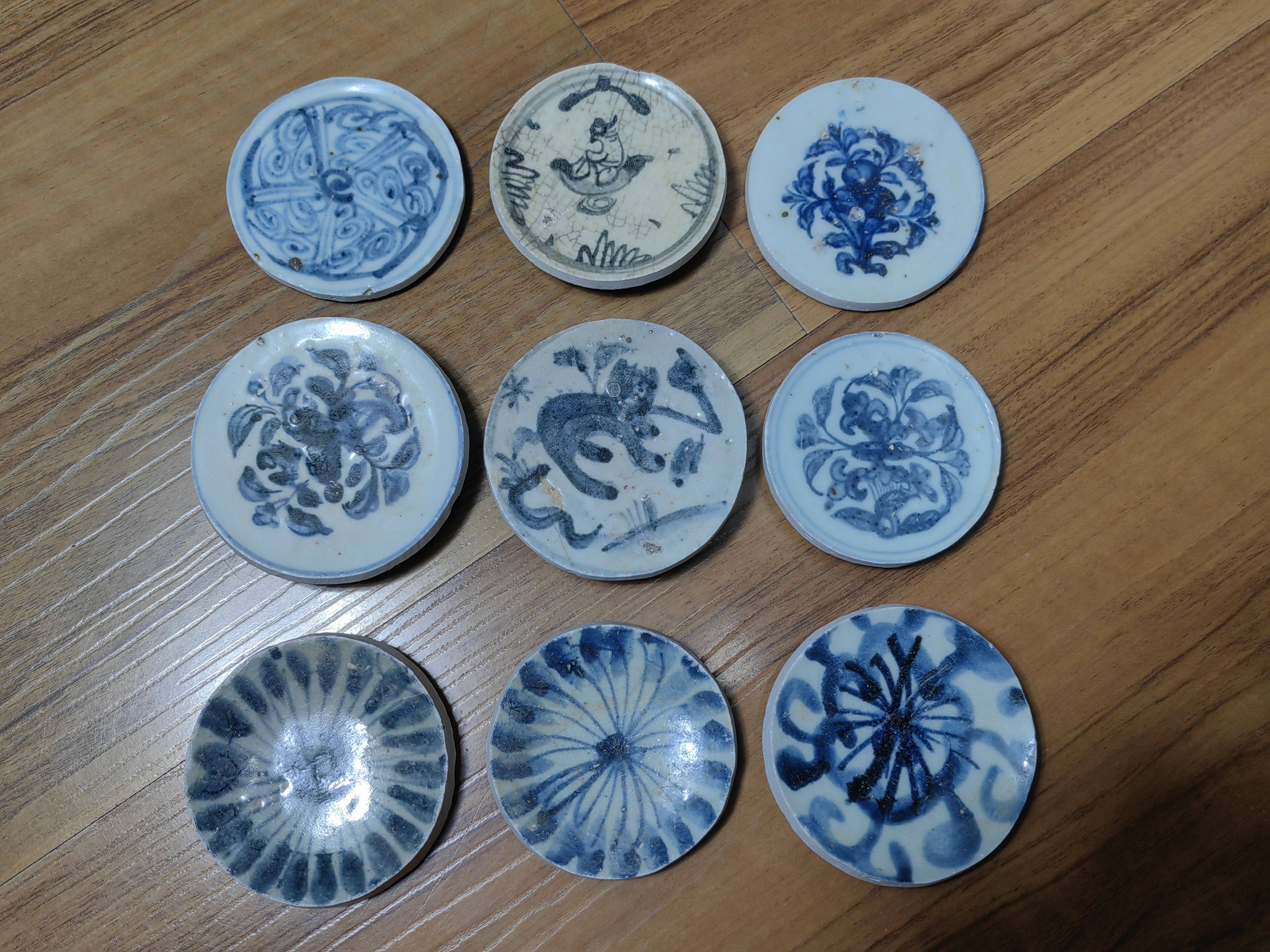 古瓷片赏玩13! 柴窑 明代青花杯托盖置3个/150元！