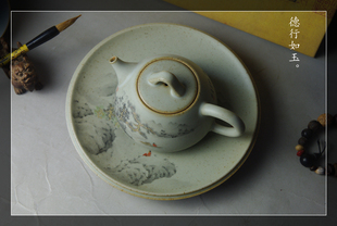 美院全手工手绘陶泥墨彩山水壶承水果盘2平价不议!