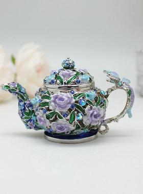 珐琅彩合金工艺品蜻蜓茶壶小饰品收纳创意装饰家居桌面摆件首饰盒