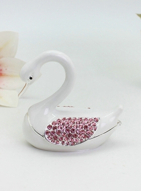 珐琅彩合金手工镶钻天鹅情侣装饰摆件家居创意首饰盒生日礼物