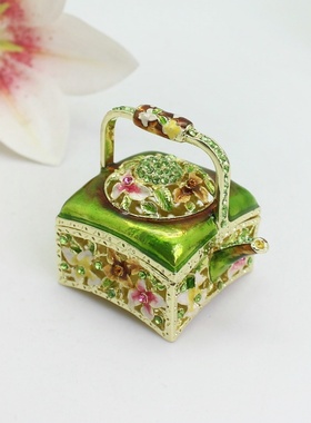 珐琅彩人工彩绘方形茶壶饰品装饰创意家居桌面摆件合金工艺品