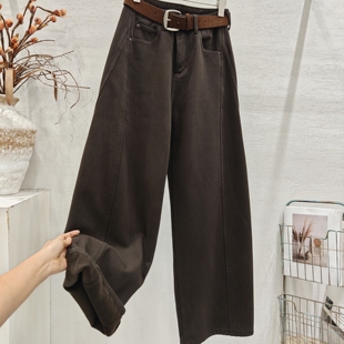 女直筒阔腿拖地裤 高腰显瘦加绒弯刀牛仔裤 潮 新款 高端欧货2025冬季