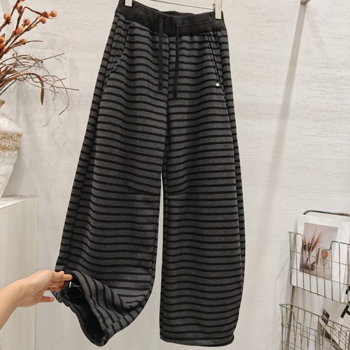 加厚条纹弯刀阔腿裤女宽松显瘦