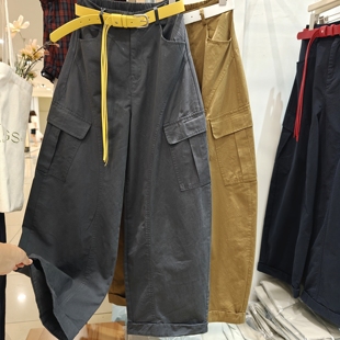 爆好看!时髦撞色腰带宽松弯刀工装裤阔腿裤女2025秋季休闲长裤潮