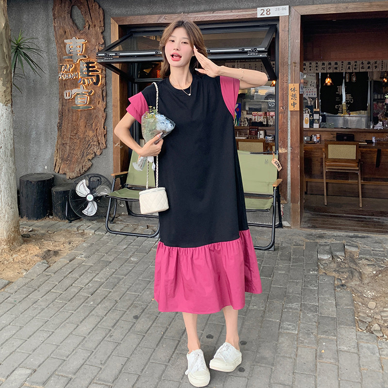 法式休闲气质设计感撞色连衣裙夏季中长款玫红色显瘦女T恤鱼尾裙,女装连衣裙,2C201