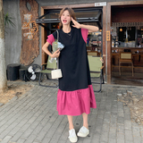 法式休闲气质设计感撞色连衣裙夏季中长款玫红色显瘦女T恤鱼尾裙，女装连衣裙，2C201