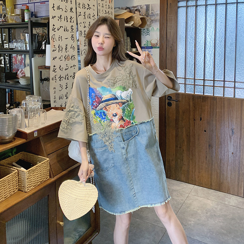 小众设计牛仔拼接连衣裙女夏季2025新款个性印花宽松假两件T恤裙图片