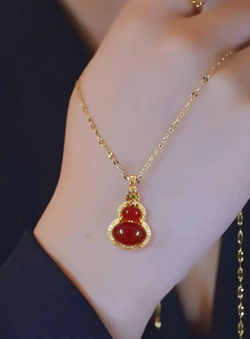喜庆红色猫猫石葫芦项链锁骨链