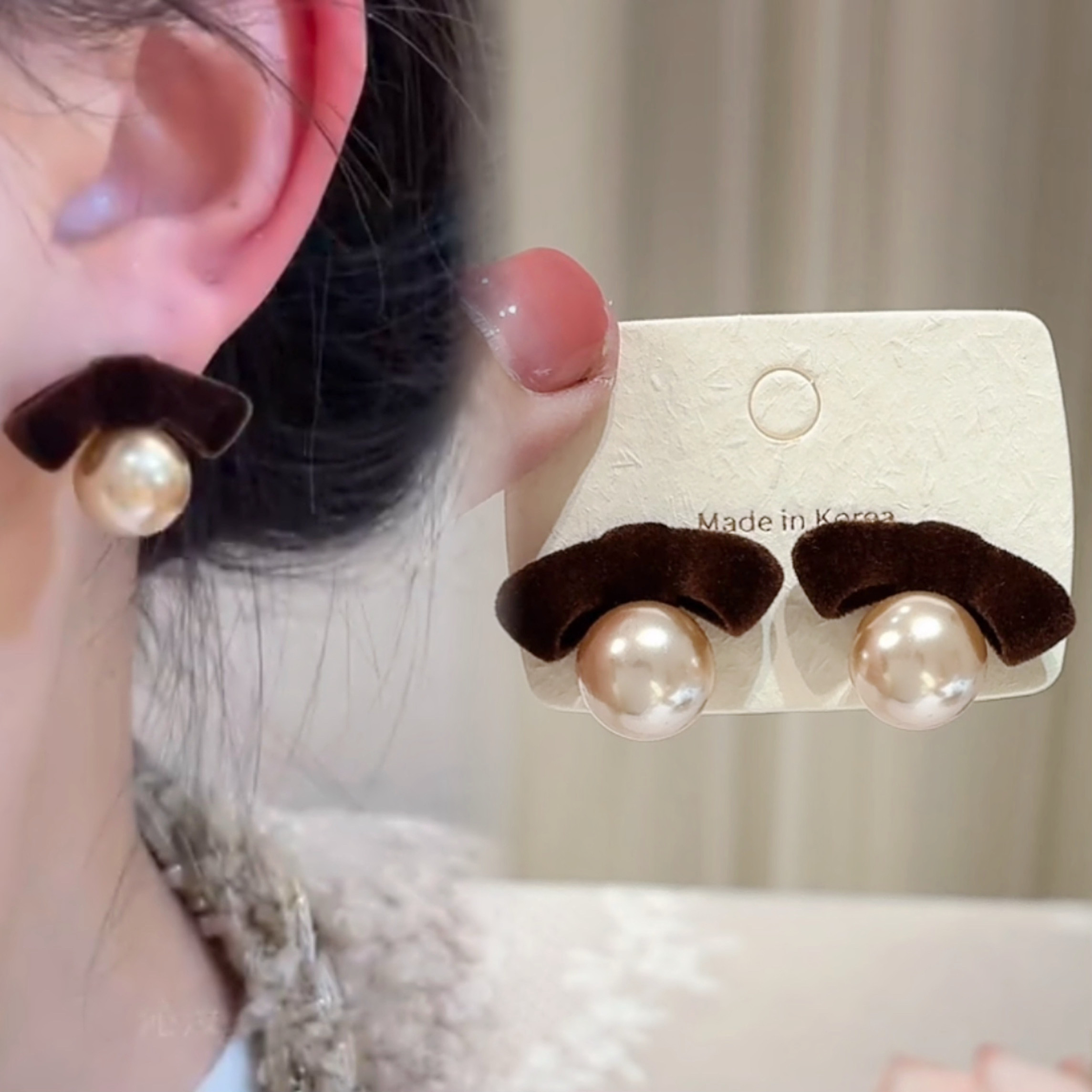 咖色植绒蝴蝶结珠珠耳钉耳环气质