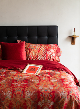 云缇中式婚庆长绒棉六件套纯棉结婚礼物红色喜被乔迁婚房床上用品