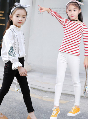 女童裤子外穿加绒冬黑色白色春秋款儿童牛仔弹力紧身打底铅笔小脚