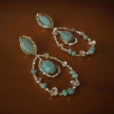 鬼才设计师重工天河石流苏耳环vintage中古耳夹新中式耳钉饰品