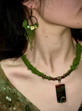 手作森系绿色混耳饰项链搭春夏配饰个性创意自然风平价青苔饰品