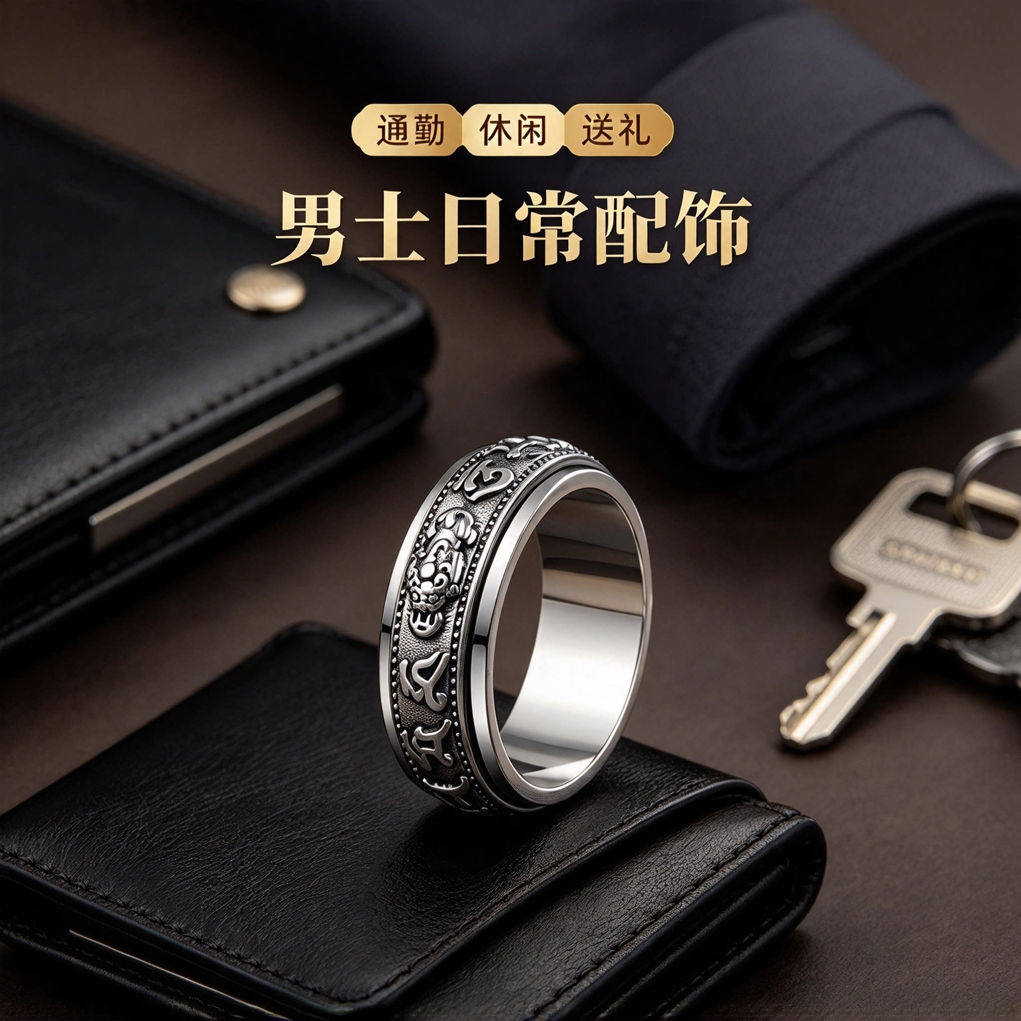 S925银貔貅六字真言转动戒指男士复古可旋转指环招财转运足银戒子