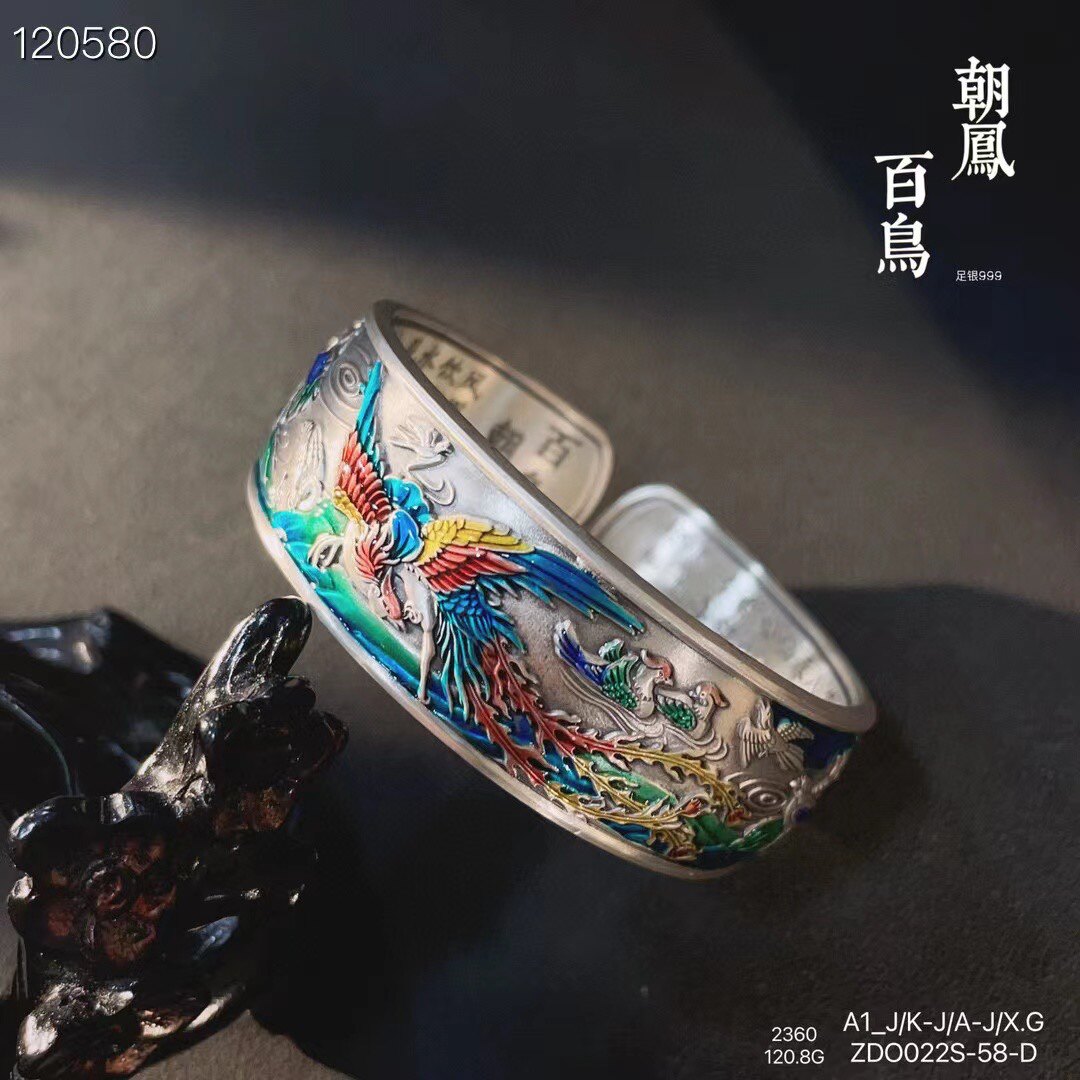 足银999凤凰百鸟朝凤珐琅手镯