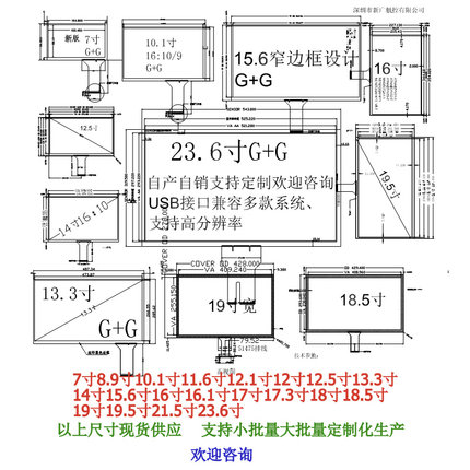 电容触摸屏7寸10寸11.6寸13.3寸14寸15.6寸7.3寸21.23.6寸USB免驱