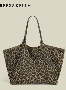 【全球购】REES&KFLLH豹纹帆布包包女大容量单肩托特包时尚百搭休