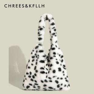【全球购】春季豹纹长毛绒手提袋女毛大学生工作服大容量肩包