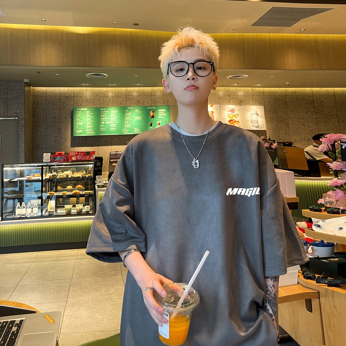 24ss夏季宽松短袖男麂皮绒休闲T恤B213-8134-P25控39,男装T恤,星座617A-4