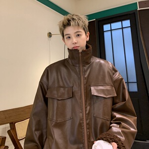 2024冬季加绒加厚PU皮撞色羊羔毛保暖棉衣男B213-8098-P128控158图片