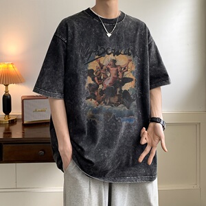 2024夏季水洗宽松短袖男蜡染T恤印花 B213-8027-P38控58图片