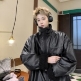 2024冬季加绒加厚PU皮撞色羊羔毛保暖棉衣男B213-8098-P128控158，男装皮衣，星座617A-4