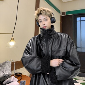2024冬季加绒加厚PU皮撞色羊羔毛保暖棉衣男B213-8098-P128控158图片