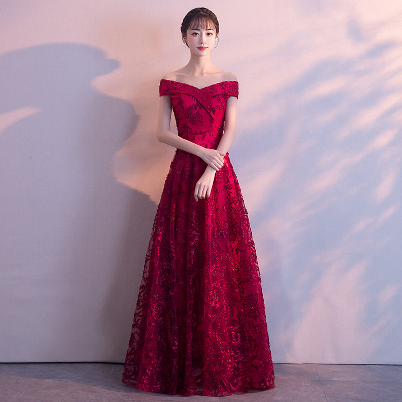 2026新款敬酒服新娘夏季红色蕾丝一字肩长款显瘦结婚晚礼服裙女高