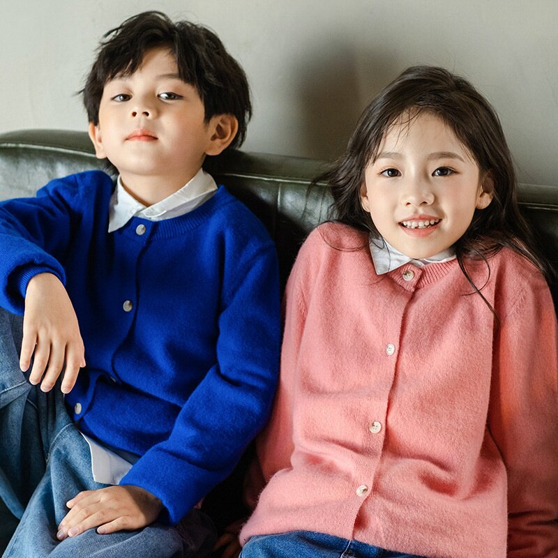 2025新款秋冬100纯羊毛开衫中大童外套长袖纯色针织毛衣男