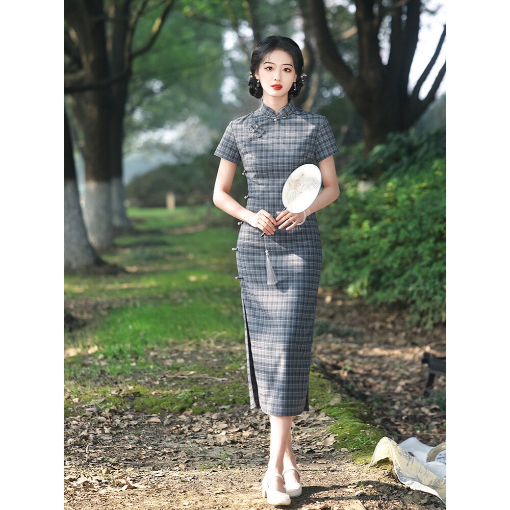2026新款长款复古格子旗袍夏季中式高级感旗袍日常年轻款少女旗袍