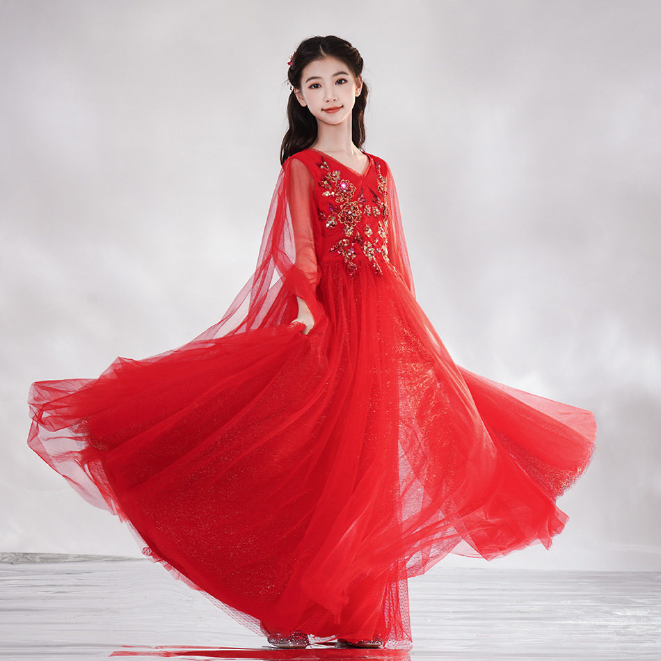 2026新款中国风儿童古筝演奏演出服女童红色亮片中式古典舞二