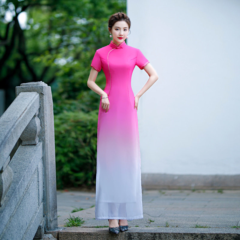 2026新款走秀旗袍长款披肩飘逸秀舞台演出服大码复古中国风年轻款