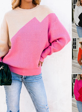 2025春装跨境亚马逊毛衣拼色蝙蝠衫套头圆领针织衫毛衣女