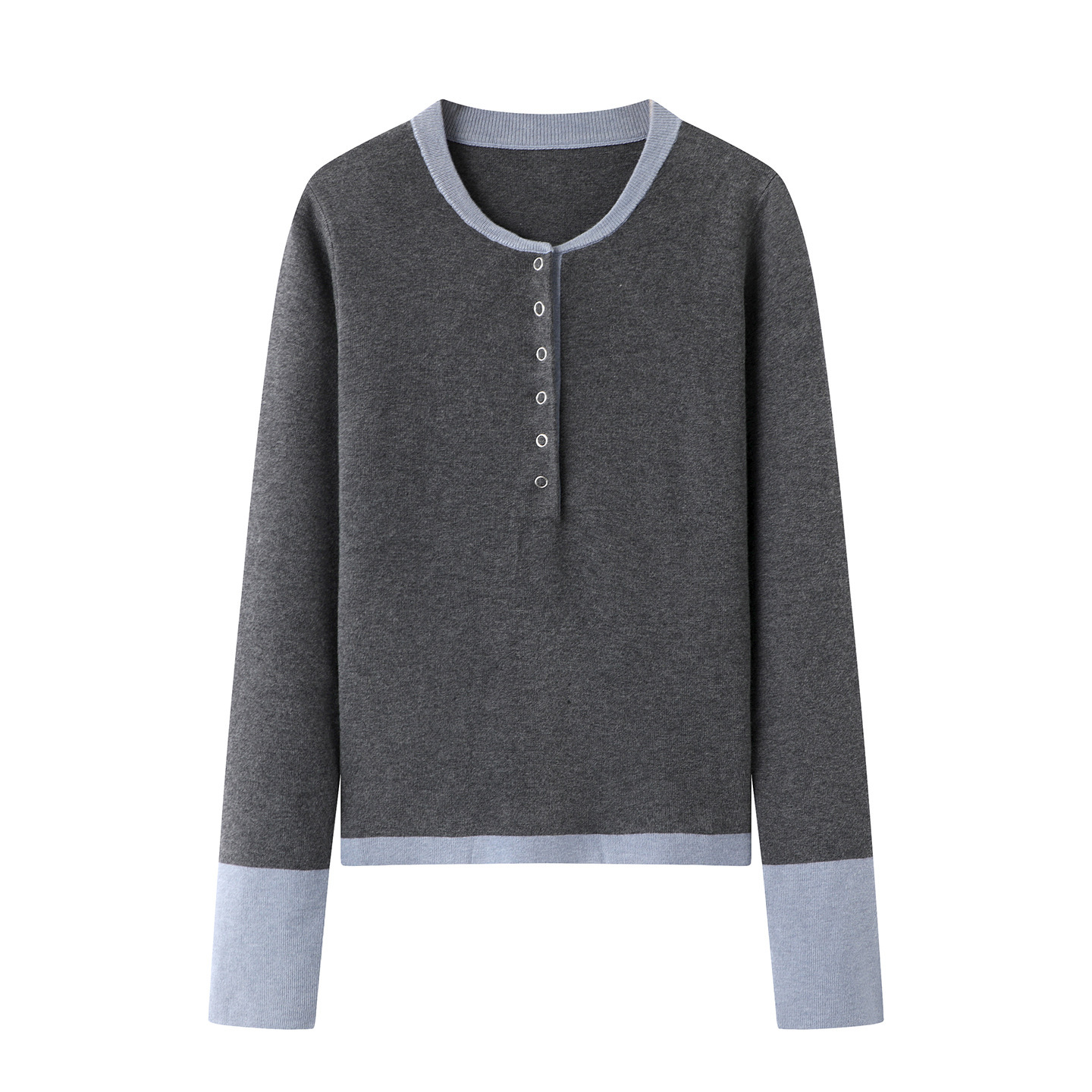 2025秋季新款圆领拼色假两件针织衫休闲修身长袖女上衣