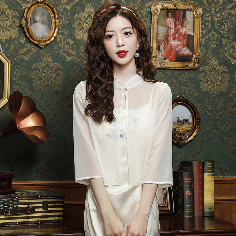 新中式旗袍披肩防晒开衫女薄纱雪纺上衣空调罩衫夏季外搭吊带裙