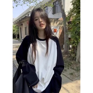 2023秋季新款黑白撞色包边领宽松大版插肩袖长袖t恤薄款防晒t女装