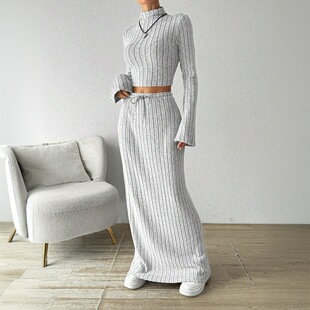 亚马逊跨境女装简约休闲时尚套装2026秋冬新款百搭通勤针织两件套