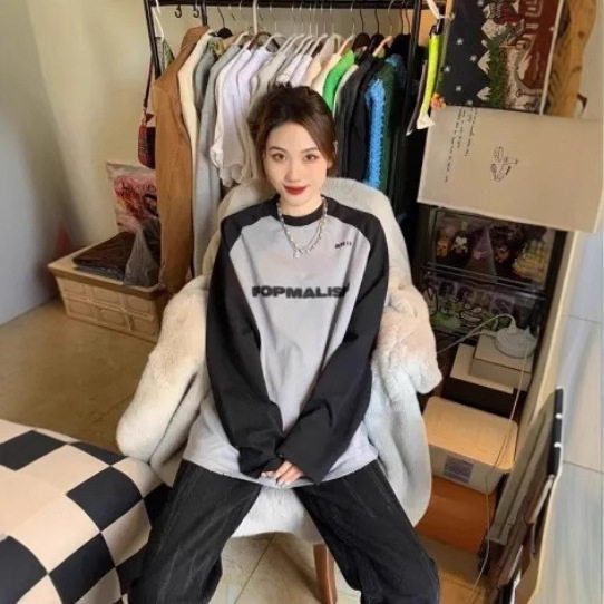 韩版美式复古拼接上衣女装新款秋长袖薄款T恤慵懒风小众别致学生