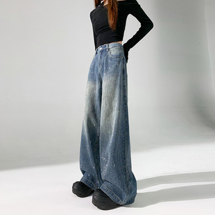 李李服饰流星雨重工烫钻阔腿牛仔裤女年秋季高腰宽松显瘦长裤