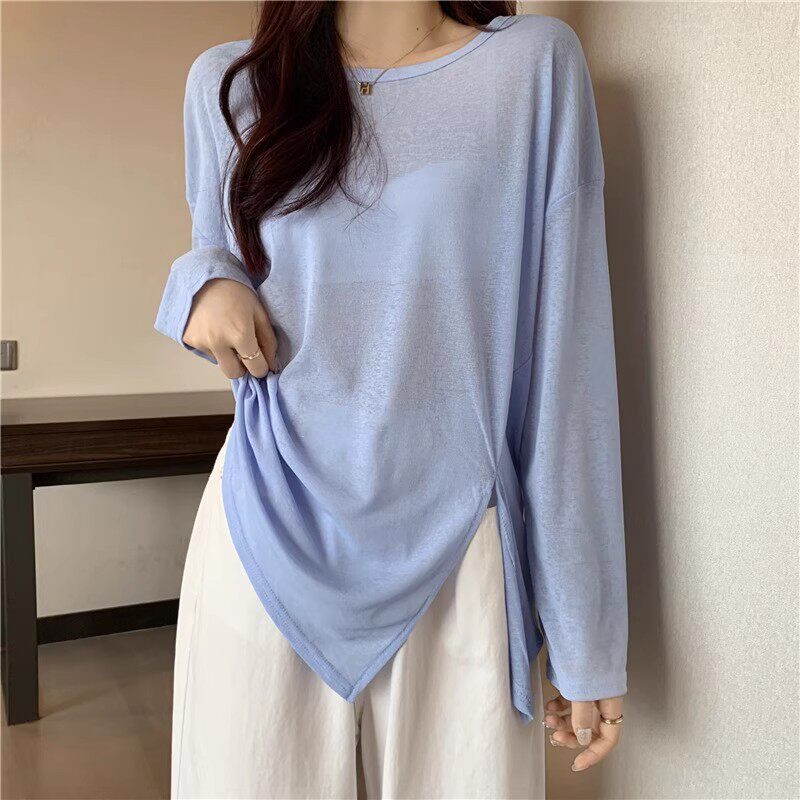 女长袖夏季薄款外穿冰丝透气罩衫空调衫不规则开叉t恤上衣包邮