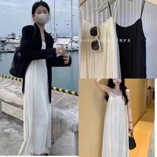 褶皱宽松吊带连衣裙慵懒风纯色长款 法式 女装 甜美风夏季 高级感 大码