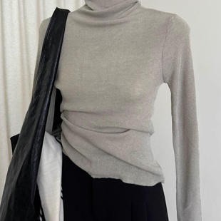 花灰色堆堆领针织长袖恤女秋季高领打底衫冬季大衣内搭保暖上衣