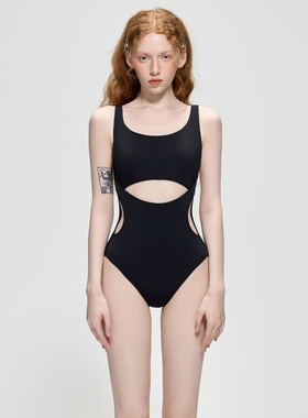 法式复古黑色高级感泳衣女连体小胸聚拢遮肚显瘦泡温泉度假泳装