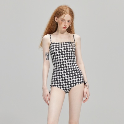 女连体千鸟格泳衣保守显瘦