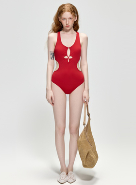 2025新款度假泳衣女性感大红色露背镂空绑带简约高级感泡温泉连体